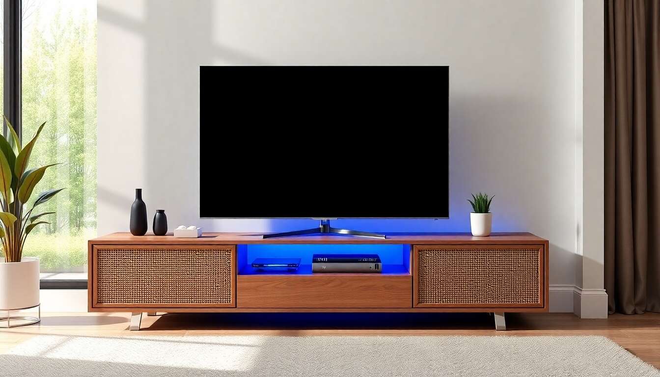 Avis sur le meuble TV Merax avec LED et rotin