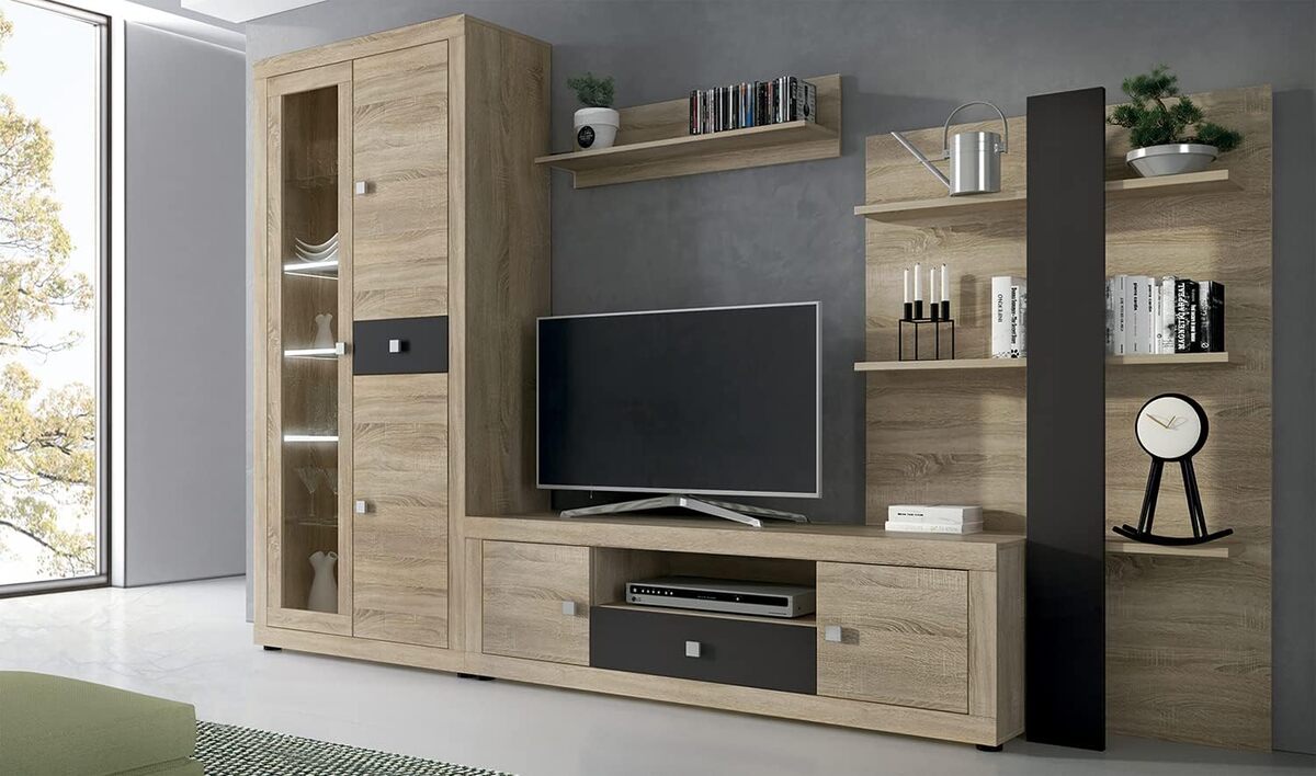 Test de l'ensemble salon Pegane : meuble TV, étagère murale, armoire avec LED et bibliothèque