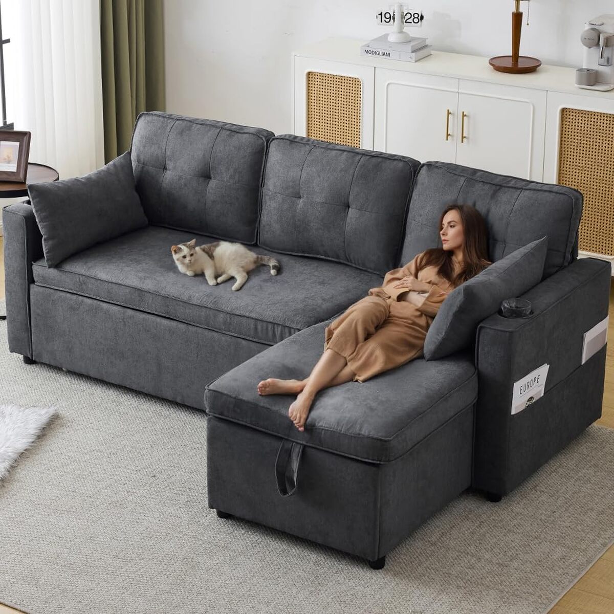 Canapé D'angle Convertible 3 Places Avec Rangement - Chaise Longue Réversible, Ports USB, Porte-gobelets, Tissu Lin