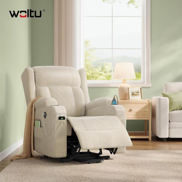 WOLTU Fauteuil Relax Électrique, Fauteuil Massant, Aide à la Verticalisation, Massage, Chauffage, Repose-Pieds, Poches, Porte-gobelet, Port USB, Tissu Éponge, Beige, SKS61be