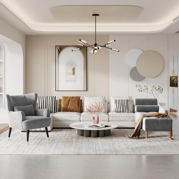 Vesgantti Fauteuil en Velours, Chaise Longue Relax Moderne avec Pied en Bois, Fauteuils Lounge avec accoudoirs, Fauteuil à Oreilles pour Salon Chambre à Coucher