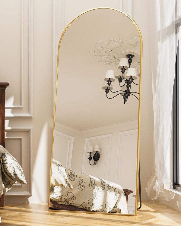 Antok Miroir Pleine Longueur, 180 x 76 cm Grand Miroir sur Pied Bombé, Miroir Mural avec Cadre en Alliage en Aluminium et Verre Incassable, Miroirs de Sol pour Salon, Dressing, Or