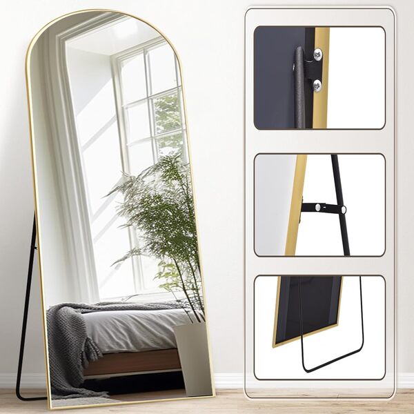 Melodieux Miroir pleine longueur, arc, 192 x 85 cm, grand miroir autonome, cadre en aluminium, doré, pour dressing, mural, suspendu, pour salon, chambre à coucher