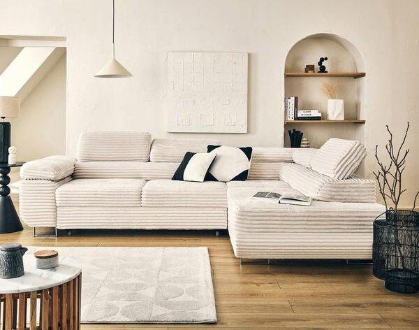 Lisa Design - Zaria - canapé d'angle Droit 5 Places Convertible avec Coffre et têtières en Velours côtelé Grosses côtes, Beige