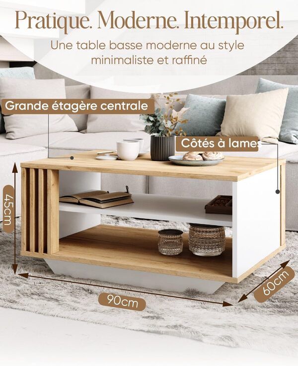 Viosimc Table Basse Moderne avec Lattes Décoratives en Bois et Étagère, Élégante Table Rectangulaire pour Salon – Chêne Craft & Blanc