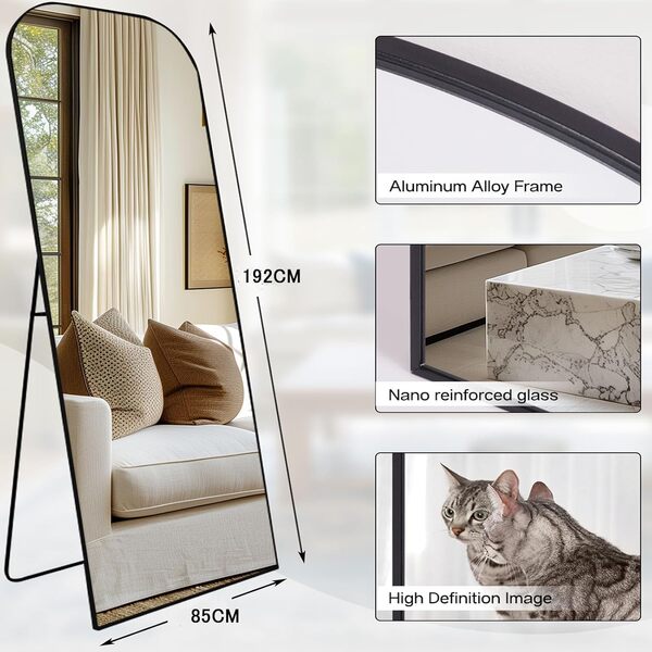 Miroirs plein pied surdimensionnés grands miroir sur pied libre miroir corps entier montage mural pour chambre à coucher, salon et couloir, cadre en aluminium noir, 192 x 85 cm