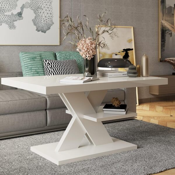 Viosimc Table Basse Blanc Laqué Moderne - Table de Salon Design avec Étagère et Plateau Brillant - Style Élégant et Contemporain (Blanc)