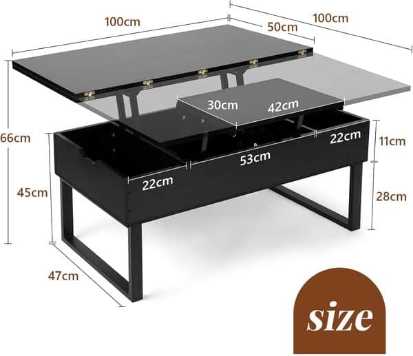 VOWNER Table Basse Relevable, Table de Salon Multifonctionnelle 3 en 1 avec Rangement Caché, Table Basse Convertible Manger de Salon, Noir avec Grain de Bois