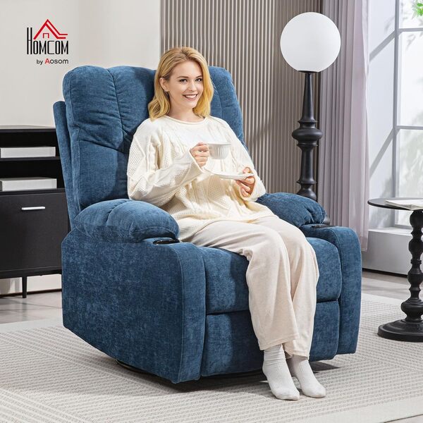 HOMCOM Fauteuil de relaxation avec fonction allongée, fauteuil inclinable avec dossier réglable, repose-pieds et aspect lin, pour salon, chambre à coucher, bleu foncé