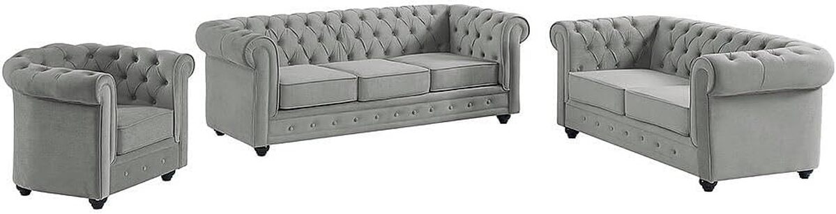 Avis canapés et fauteuil Chesterfield Vente-unique : velours gris clair