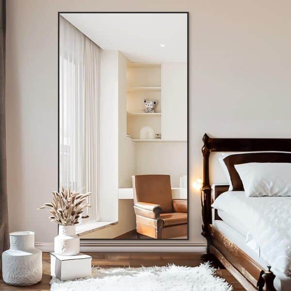 BEAUTYPEAK 76 x 180 cm - Grand Miroir sur Pied - À Suspendre ou s'appuyer Contre Le Mur - Grand Miroir de Sol avec Support - pour Chambre à Coucher, Salon ou Dressing - Noir