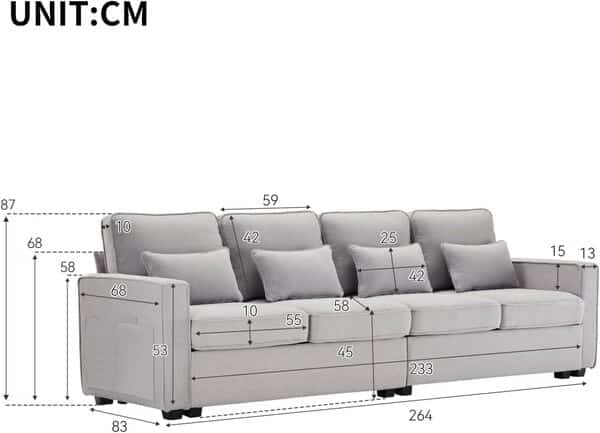 Moderne Canapé 4 Places avec Poches Accoudoirs et 4 Coussins Sofa Minimaliste Coussin Amovible, pour Salon Appartement, Bureau, Lin (Gris)