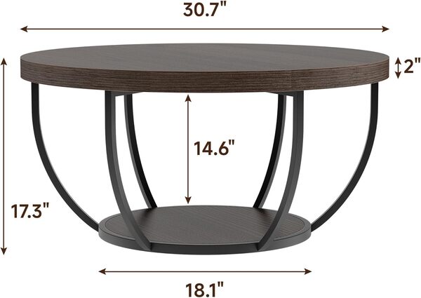 TEROL Table basse ronde de 78,7 cm pour décoration de salon, 2 niveaux de rangement avec cadre en acier, table centrale en bois peu encombrante, style moderne, assemblage facile (café foncé)