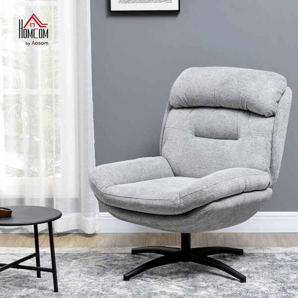 HOMCOM Fauteuil pivotant Fauteuil de détente avec assise large, accoudoirs intégrés, rembourré Fauteuil de détente avec aspect chenille hydrofuge, pieds en acier, pour le salon, gris